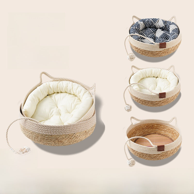 PeakPaw Rattan Cat Bed Nest – All-Season 3-in-1 Cat Sleeping, Scratch & Play Basket (S–L)