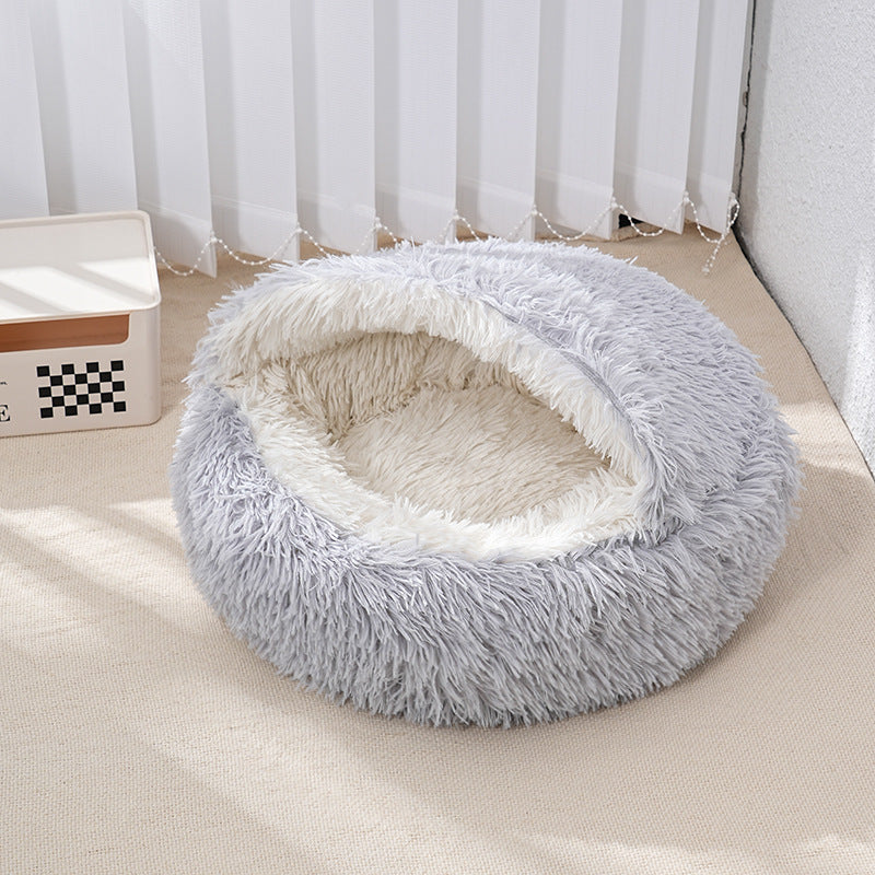 PeakPaw Semi-Enclosed Pet Nest Bed – Warm Plush Winter Cat & Dog Cave Bed (40–60cm)