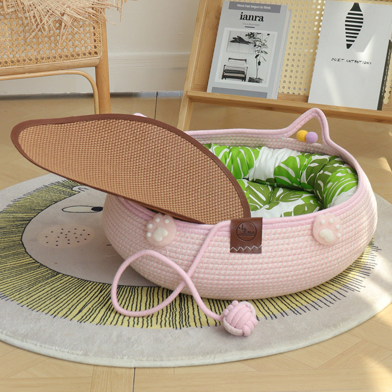 PeakPaw Handmade Rattan Cat Nest – 3-in-1 Cat Bed with Scratching Board & Self-Play Ball (All-Season)
