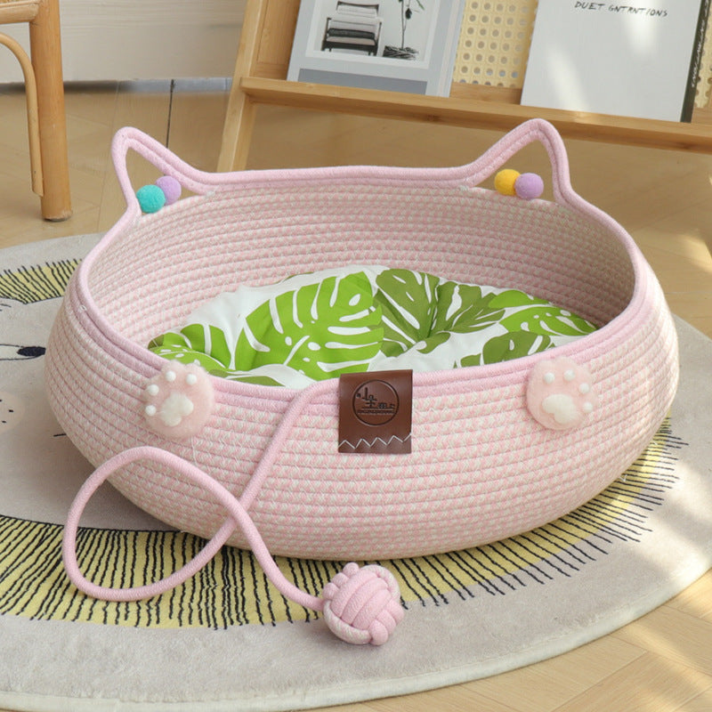 PeakPaw Handmade Rattan Cat Nest – 3-in-1 Cat Bed with Scratching Board & Self-Play Ball (All-Season)