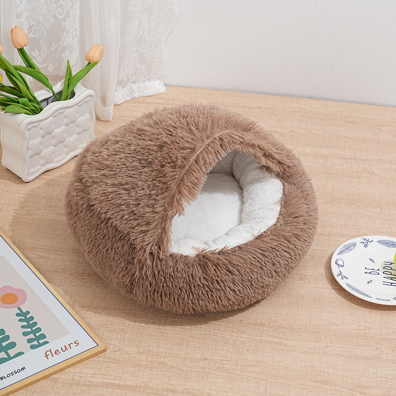 PeakPaw Semi-Enclosed Pet Nest Bed – Warm Plush Winter Cat & Dog Cave Bed (40–60cm)