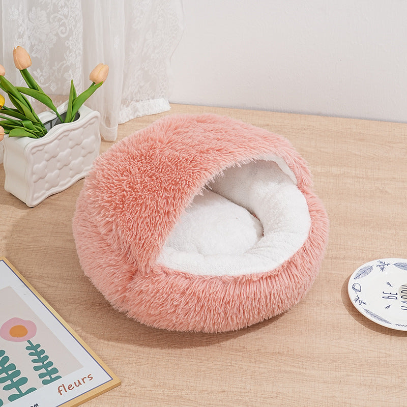 PeakPaw Semi-Enclosed Pet Nest Bed – Warm Plush Winter Cat & Dog Cave Bed (40–60cm)