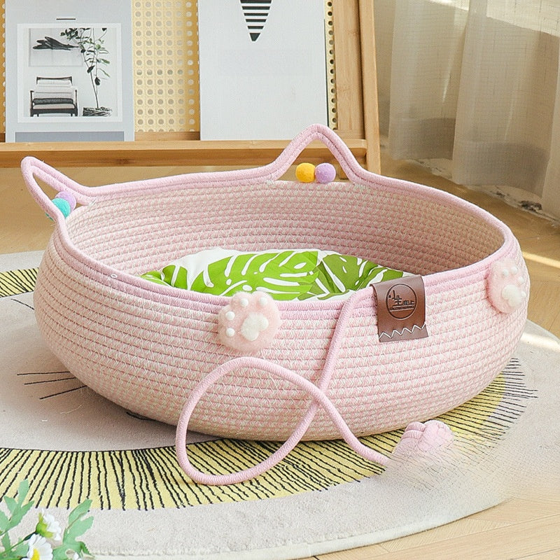 PeakPaw Handmade Rattan Cat Nest – 3-in-1 Cat Bed with Scratching Board & Self-Play Ball (All-Season)