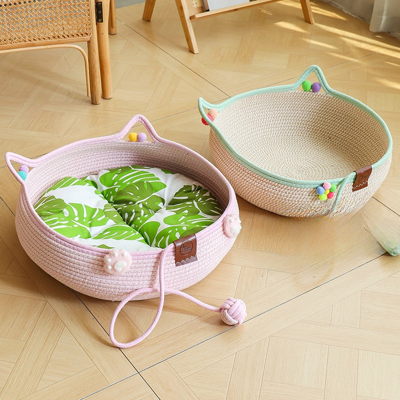 PeakPaw Handmade Rattan Cat Nest – 3-in-1 Cat Bed with Scratching Board & Self-Play Ball (All-Season)