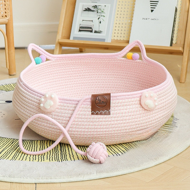 PeakPaw Handmade Rattan Cat Nest – 3-in-1 Cat Bed with Scratching Board & Self-Play Ball (All-Season)