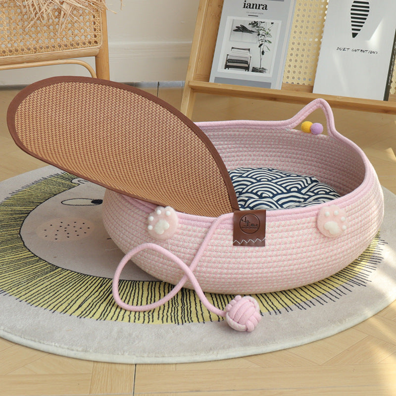 PeakPaw Handmade Rattan Cat Nest – 3-in-1 Cat Bed with Scratching Board & Self-Play Ball (All-Season)